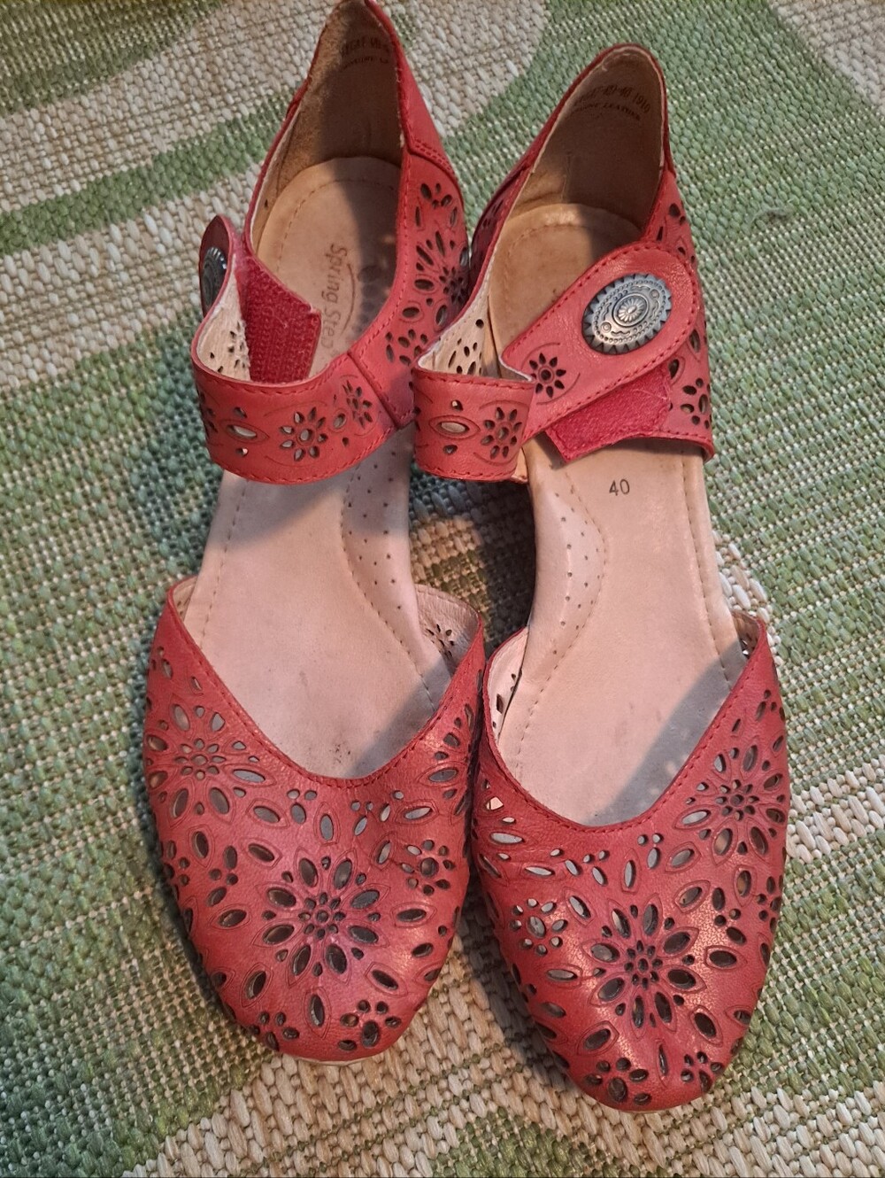 Spring Step Nougat Mary Jane Red Floral Cut Out Wedges
